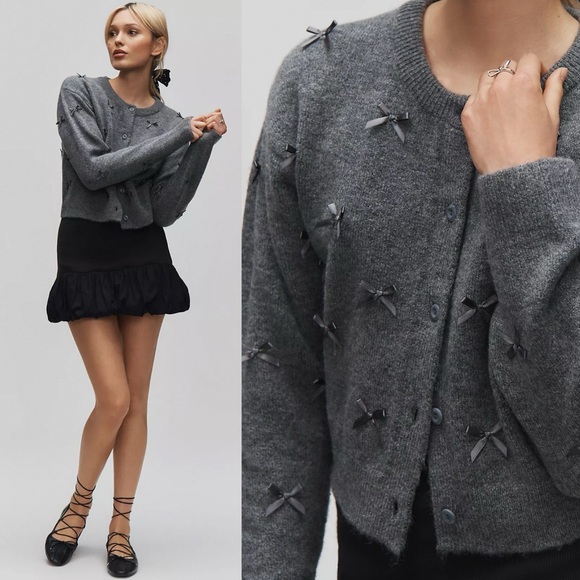 NWT Anthropologie Maeve 3D Mini Bow Button Cardigan Sweater Gray Rare - Picture 6 of 7